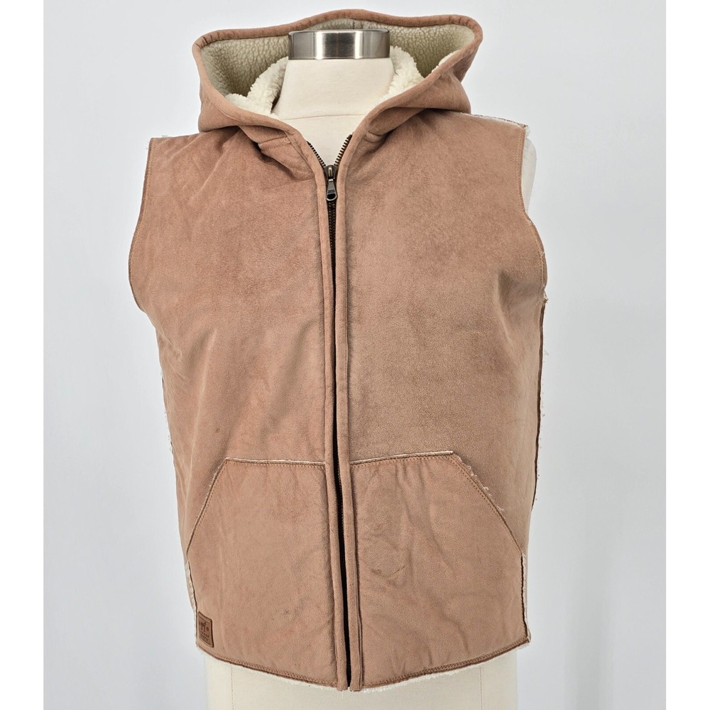 Lauren Ralph Lauren Petite M Tan Faux Suede Sherpa Hooded Vest Zip Front Pocket